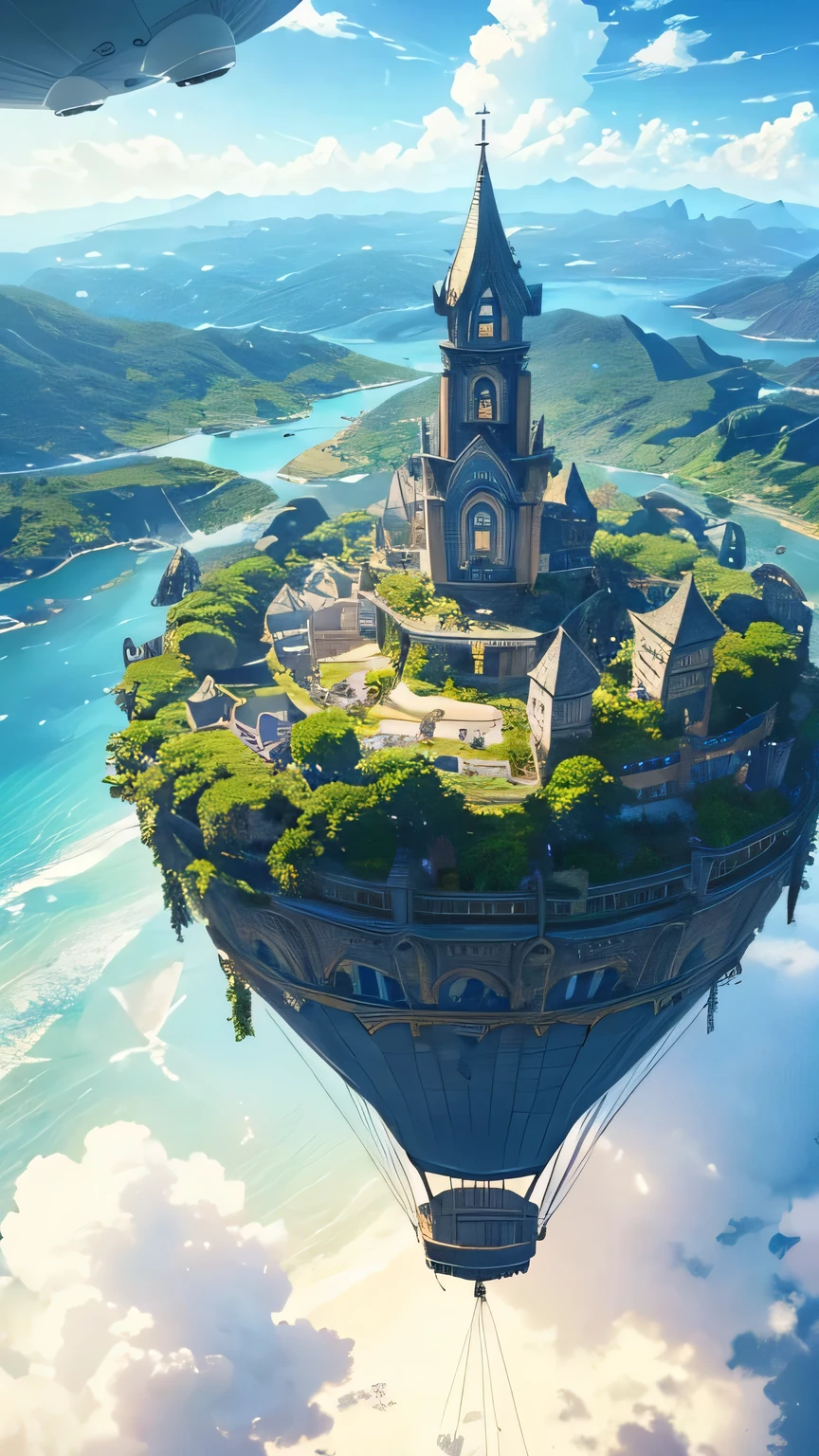 Many islands are floating in the air、A small airship is flying around。, balloon, City, Fantasy, A magical plant grows, Extreme Detail, Realistic Light, A magnificent composition, (Intricate details), (Intricate Design, Super detailed :1.2), Art Station, (masterpiece, Highest quality), Ultra HD, 32K --v 6
