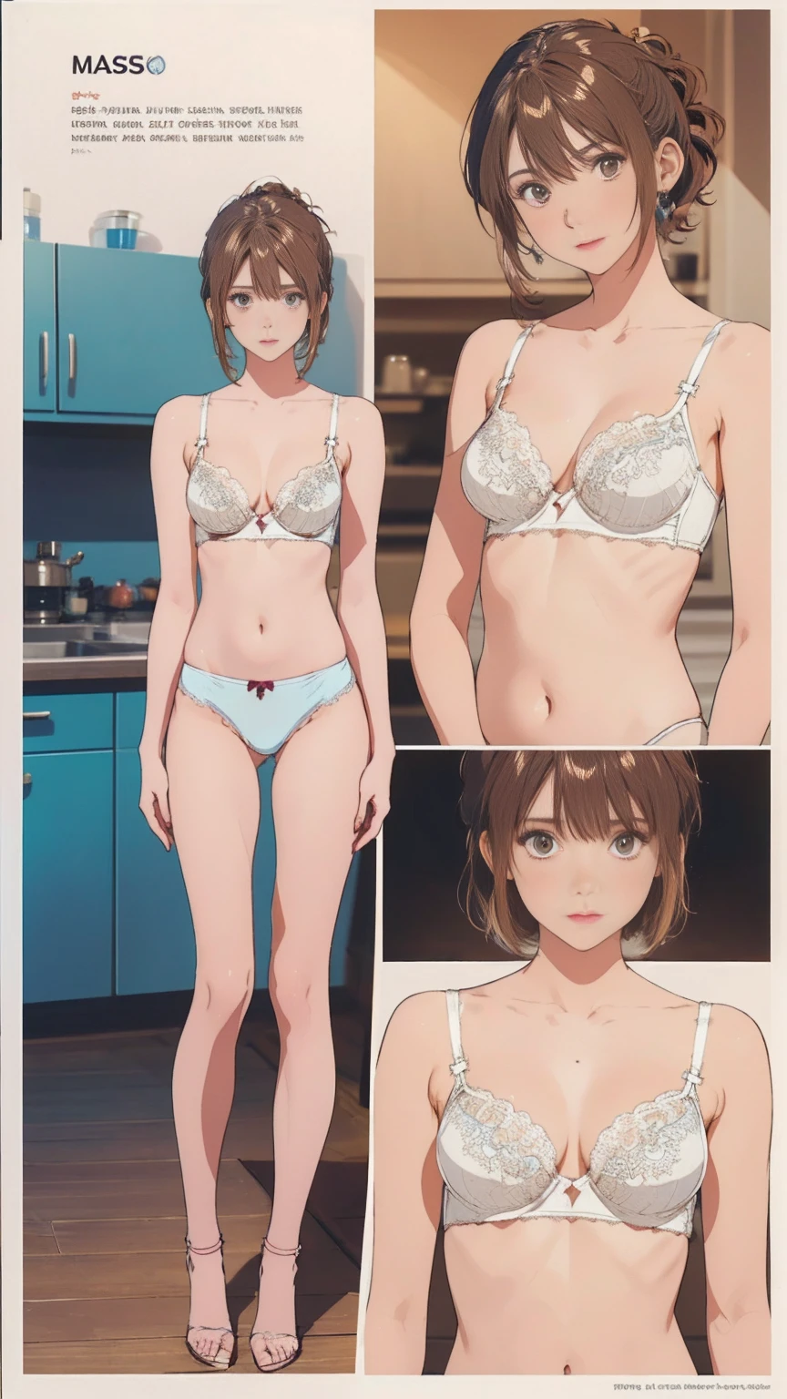 ((masterpiece)), (((Highest quality))), ((Reference Sheet, Character Design)), Highest quality, masterpiece, Ultra-high resolution, Original photo, Ultra-high resolution, Three beautiful women, Flashy makeup using red eyeshadow, Big smile, Short cut with side waves, Wearing a white and pink lace bra, Wearing white and pink lace panties, (elaborately designed luxury panties for adults, panties high definition images, draw panties with super precision), (((threads of the seams for panties crotch is visible))), stitch of panties is visible