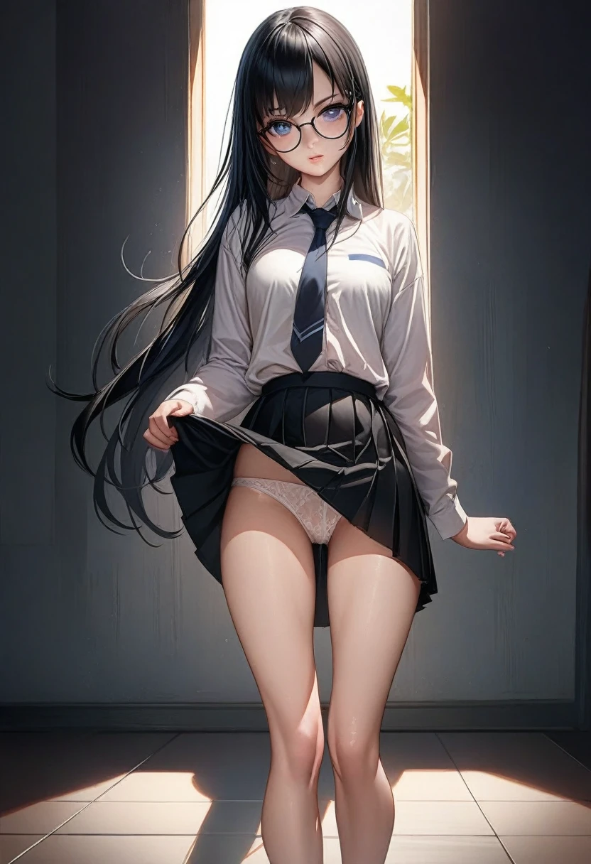 Anime Girls with long black hair and glasses posing in a room, seductive Anime Girls, a hyperRealistic , Beautiful anime school girl, hyperRealistic , Realistic , beautiful Anime Girls squatting, Beautiful and attractive anime teen, attractive Anime Girls, (Anime Girls), the Anime Girls is crouching, beautiful Anime Girls, Anime Girls、I&#39;m not wearing pants、No underwear、full view、