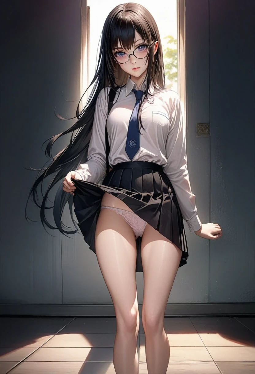 Anime Girls with long black hair and glasses posing in a room, seductive Anime Girls, a hyperRealistic , Beautiful anime school girl, hyperRealistic , Realistic , beautiful Anime Girls squatting, Beautiful and attractive anime , attractive Anime Girls, (Anime Girls), the Anime Girls is crouching, beautiful Anime Girls, Anime Girls、I'm not wearing pants、No underwear、full view、