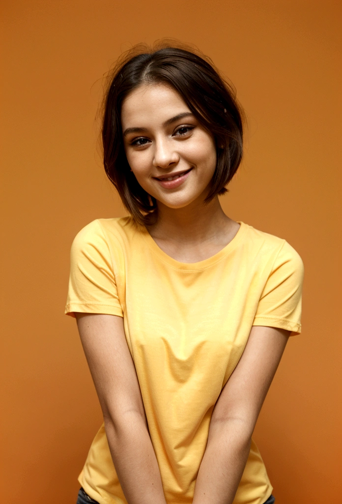 a pretty and beautiful young woman,Attractive woman, holding a GUMMIE in your hand., in front of an orange background, wearing a modern yellow t-shirt, smiling young woman, cute young woman, a cute young woman, a pretty and beautiful young woman, smelling good, Attractive woman, wearing striped shirt, ear a shirt laughing, young woman in her 20s, with short hair
