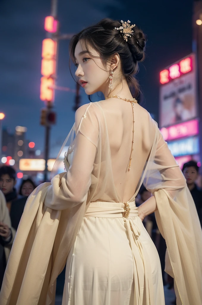 (((best quality))),(((ultra detailed))),(((masterpiece))),illustration,((1 beautiful girl,solo,korean princess)),((see through gorgeous beige sheer hanbok)),((slim,thin)),((bare back,gigantic hips,butt crack)),bun hair,((city streets,night scene)),delicate features,(traditional jewelry,earrings,necklace),modernity,tranquility,vision of beauty,((standing,upper body,from back)),((The background is a tall building filled with neon billboards)),(surrounded by crowded crowds:1.3)