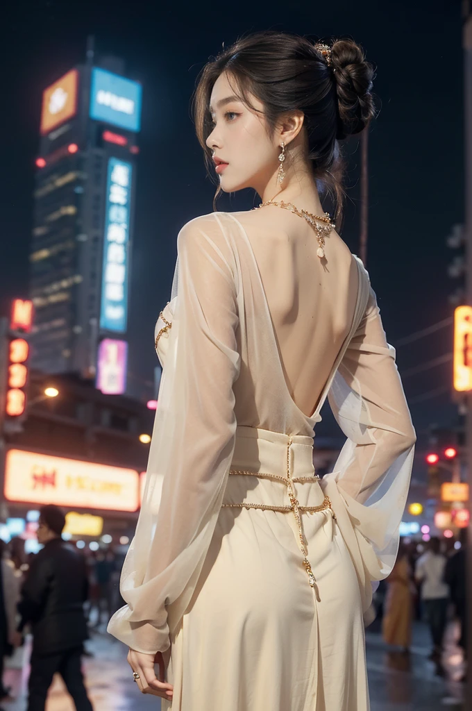 (((best quality))),(((ultra detailed))),(((masterpiece))),illustration,((1 beautiful girl,solo,korean princess)),((see through gorgeous beige sheer hanbok)),((slim,thin)),((bare back,gigantic hips,butt crack)),bun hair,((city streets,night scene)),delicate features,(traditional jewelry,earrings,necklace),modernity,tranquility,vision of beauty,((standing,upper body,from back)),((The background is a tall building filled with neon billboards)),(surrounded by crowded crowds:1.3)