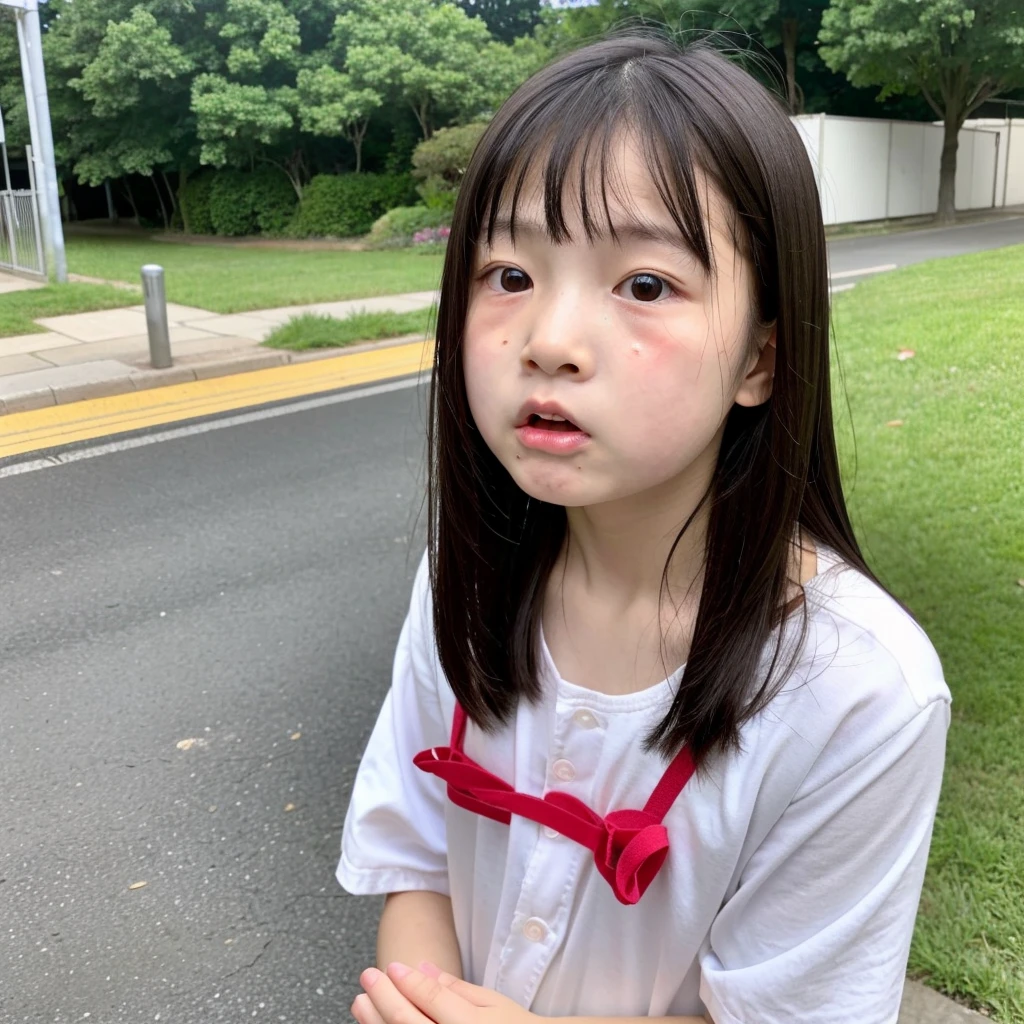 angry ,Japanese,selfie,face zoom,、very young、Come across, Confront、female 、、attraction、kindergartner、children、close to face, expressionless ,looking at the camera, crying sound,alone , portrait