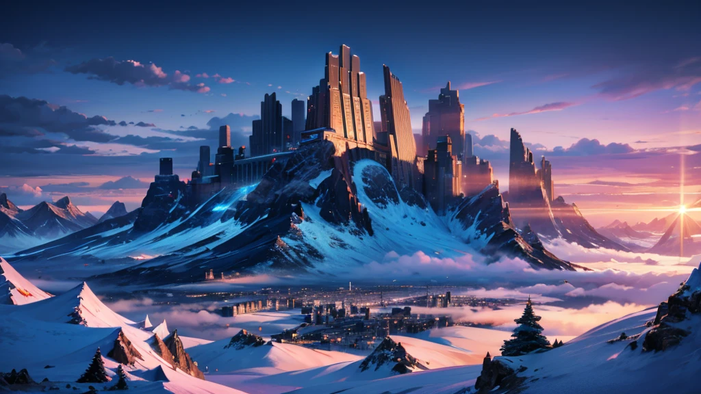 make a futuristic city on top of a mountain. as if it were in DENALI in Alaska. the city must be very advanced and beautiful. make a wallpaper of it in 8k. beautiful, full of life and technology. millennia in the future
