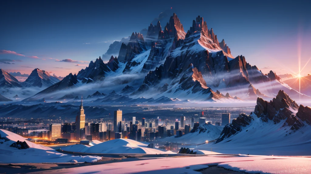make a futuristic city on top of a mountain. as if it were in DENALI in Alaska. the city must be very advanced and beautiful. make a wallpaper of it in 8k. beautiful, full of life and technology. millennia in the future