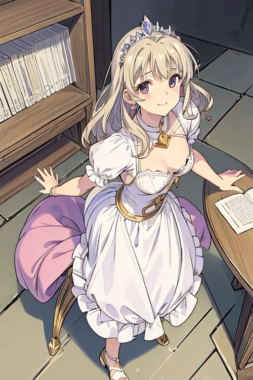 (from above:1.2), (perky chest:1.2), (pointed chest:1.2), 1girl, Bust A Cup, Amazing Cleavage:1.1, thin waist, big ass, Raised cute, small breast: 1.1 posed cleavage:1.2、Adult Woman, Long dark blonde wavy hair、her thin pubic hair, White and pink dress, Puffy nipple、(Long flared skirt)、garter stocking、beautiful tiara、Earring、small milk, cute smile face、(Pose to lean forward and emphasize the chest:1.3)、sexy hips、high-heels、atlibrary、Sit on your knees on the floor、((Close your arms to your chest and look up)),(with sparkling eyes and a contagious smile), looking at viewer,