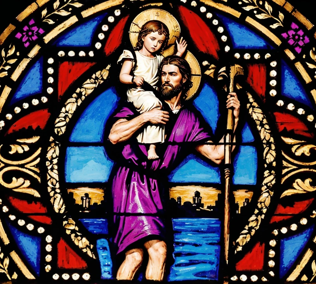 Create an ultra-realistic image of Saint Christopher, represented as a tall, strong man with a dark beard and long hair. He must be crossing a shallow river, holding a large wooden staff in one hand and carrying the baby Jesus on his shoulders. Saint Christopher must be dressed in a simple tunic, brown or beige, which appears heavy and wet from the river. The baby Jesus must be represented as a small, serene , with light hair and a calm expression, wearing a white robe. The scene should be at dawn or dusk, with soft, natural light, and the background should include a natural setting with trees and a slightly cloudy sky. The image should capture the effort of Saint Christopher when crossing the river and the tranquility of the baby Jesus. The composition should convey a feeling of devotion, strength and protection.