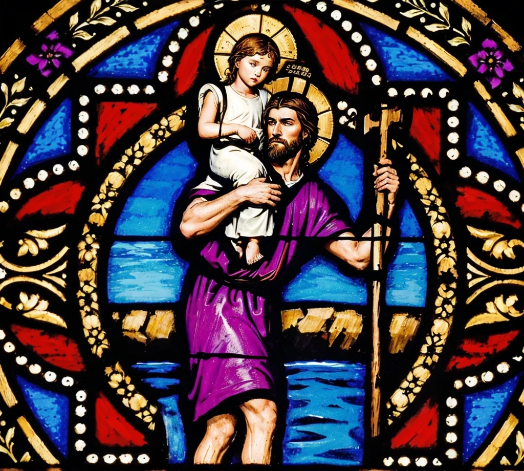 Create an ultra-realistic image of Saint Christopher, represented as a tall, strong man with a dark beard and long hair. He must be crossing a shallow river, holding a large wooden staff in one hand and carrying the baby Jesus on his shoulders. Saint Christopher must be dressed in a simple tunic, brown or beige, which appears heavy and wet from the river. The baby Jesus must be represented as a small, serene , with light hair and a calm expression, wearing a white robe. The scene should be at dawn or dusk, with soft, natural light, and the background should include a natural setting with trees and a slightly cloudy sky. The image should capture the effort of Saint Christopher when crossing the river and the tranquility of the baby Jesus. The composition should convey a feeling of devotion, strength and protection.
