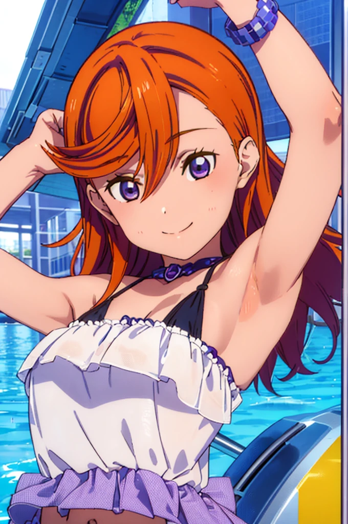 (((pixel-perfect, detail-perfect))), solo, 1girl, kanon shibuya, eyes violet, hair orange, smile, pool, bikini, armpit, medium filesize, ultra High Qality