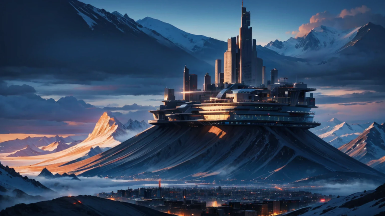 make a futuristic city on top of a mountain. as if it were in DENALI in Alaska. the city must be very advanced and beautiful. make a wallpaper of it in 8k. beautiful, full of life and technology. millennia in the future