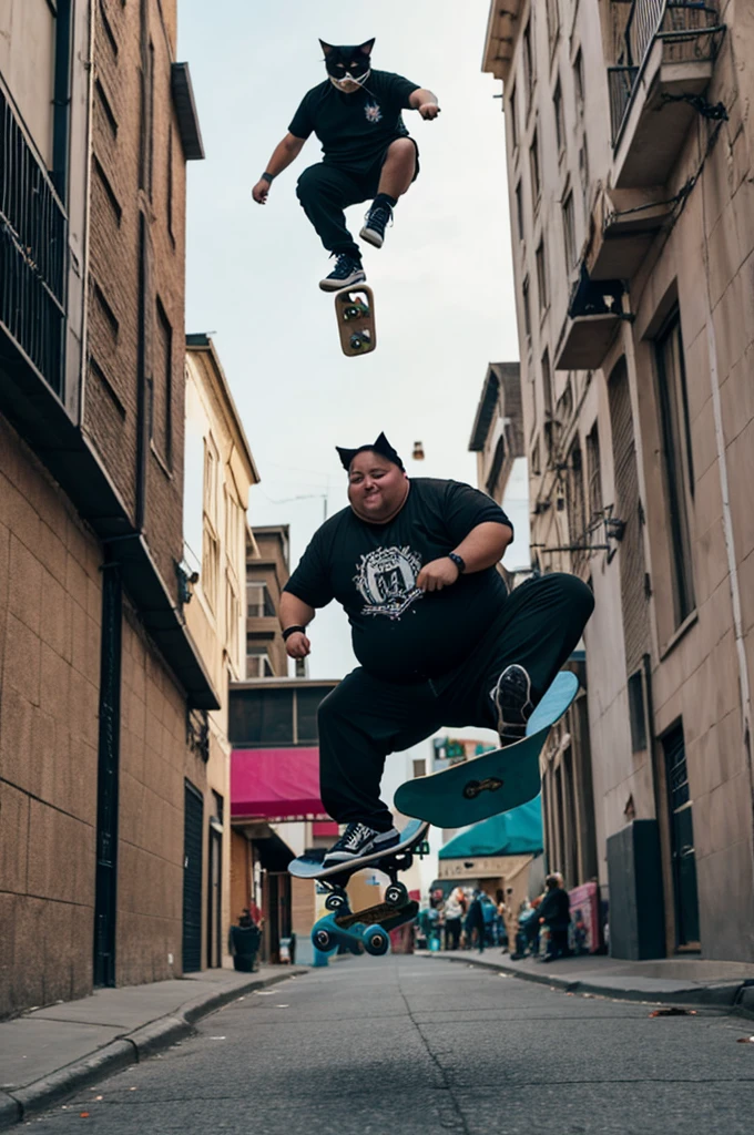 Cat doing a skateboard trick, jumping a fat guy who eats ice cream in cyber punk style 