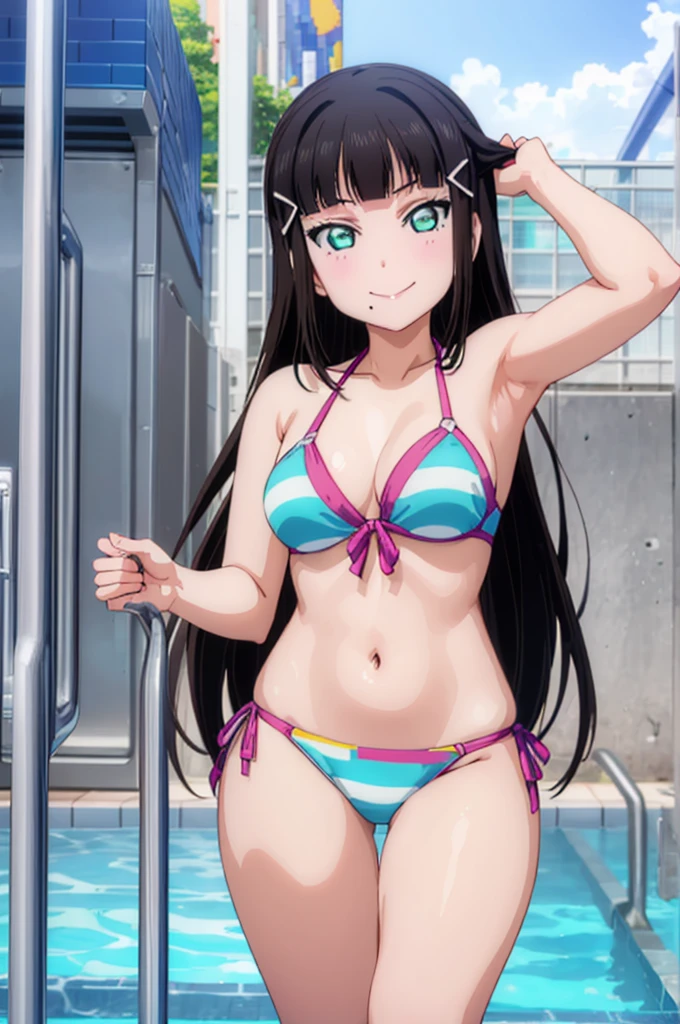 (((pixel-perfect, detail-perfect))), solo, 1girl, dia kurosawa, smile, pool, bikini armpit, medium filesize, ultra High Qality