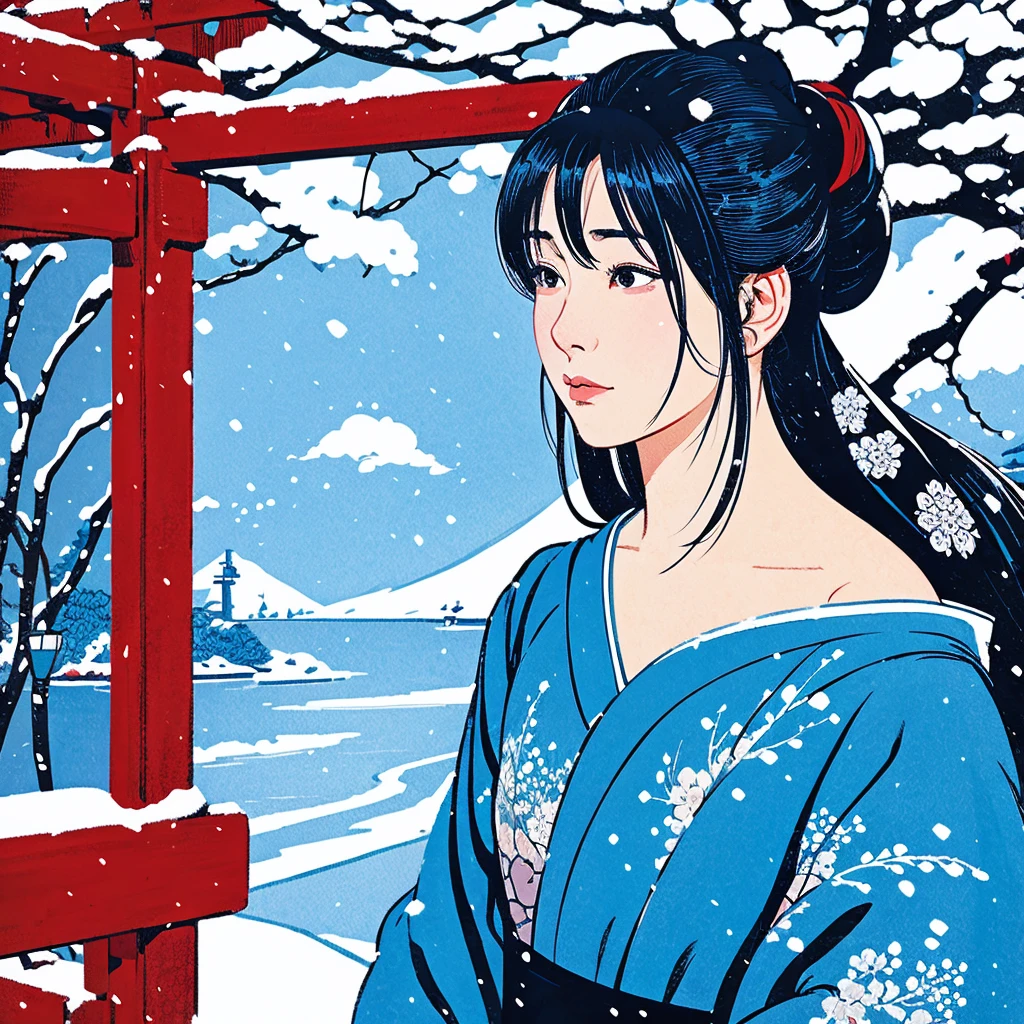 Illustration style、ukiyoe paiting、Showa Anime、woman、snow、sensitive, mean facial expression, blue kimono