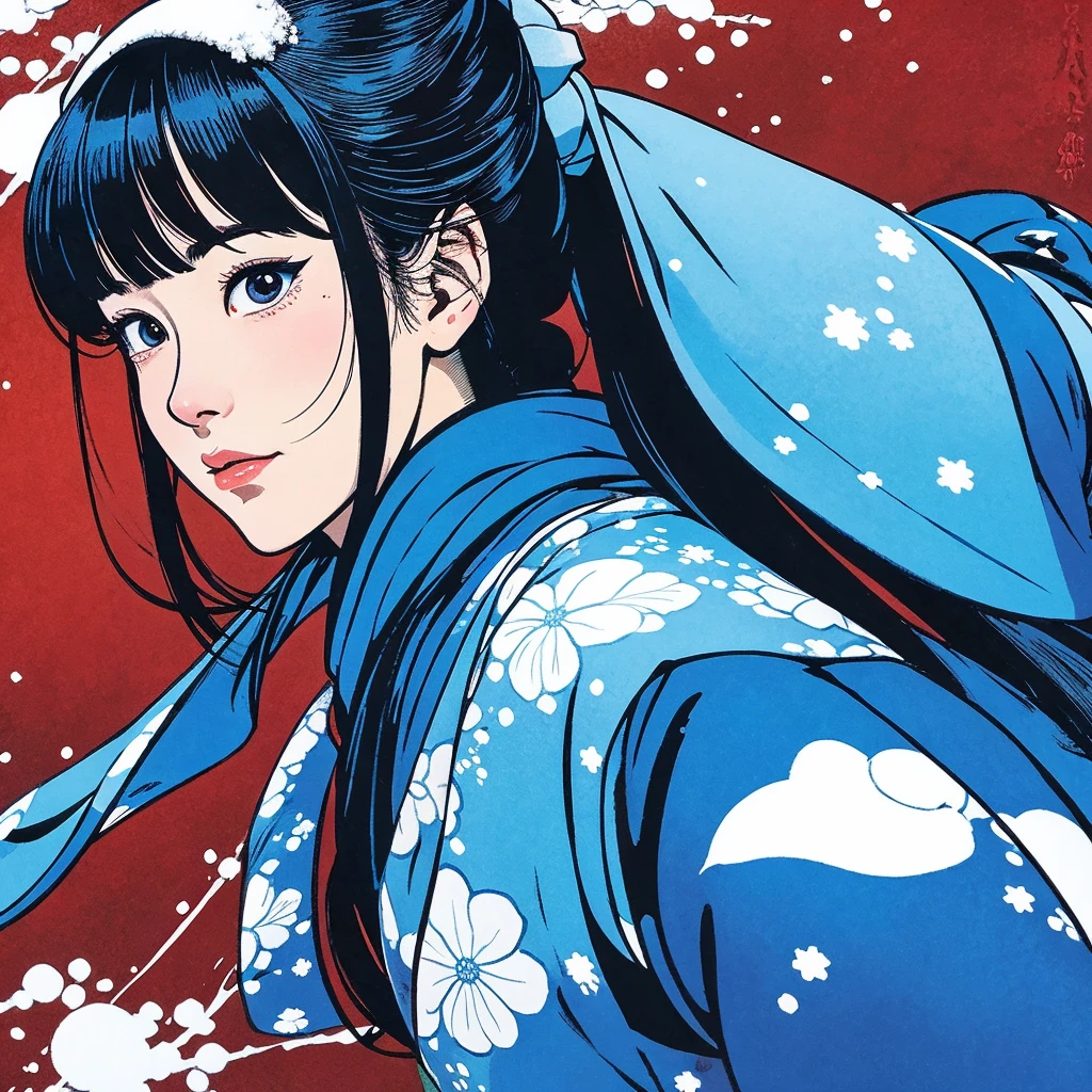 Illustration style、ukiyoe paiting、Showa Anime、woman、snow、sensitive, mean facial expression, blue kimono 