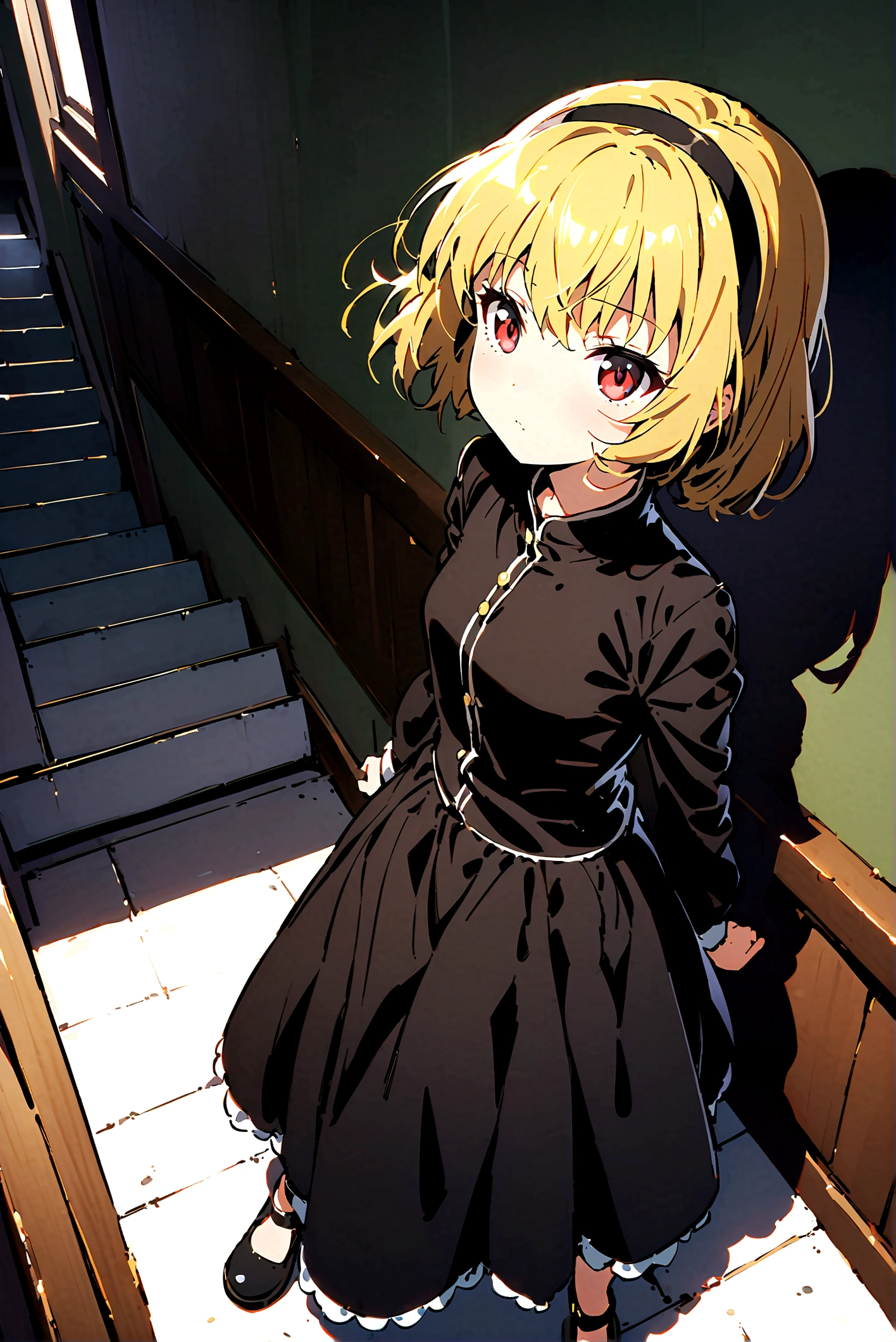 (Houjou_Satoko), (blonde), Red eyes, short hair, hair band, Small breasts, , 1girl, 独奏, long sleeves, dress, standing, indoors, black footwear, black dress, shadow, stairs