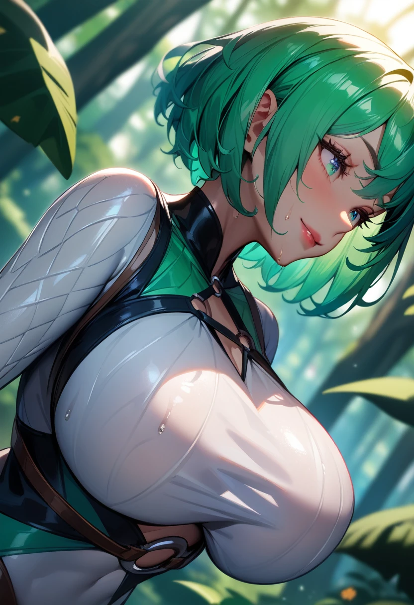 1girl,solo,super detailed skin,shiny skin,wet oily skin,small smile ,eyelashes,lips gloss,pink and green hair,bob hair,large ,unique and complex clothes,o-ring,dynamic angle,fantasy forest,masterpiece,best quality,ultra detailed,high resolution,sharp focus,depth of field