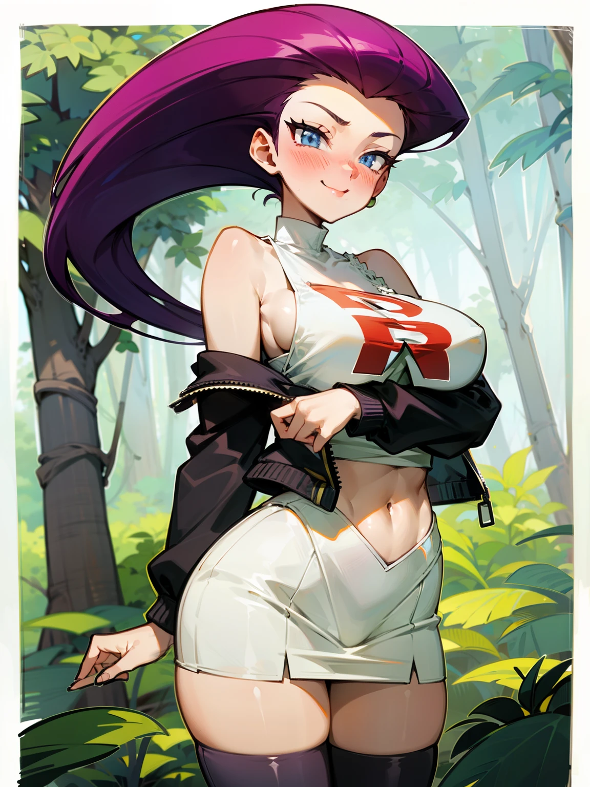 (Masterpiece), Best Quality, ultra-detailed, 1girl (jessie pokemon, Big and pretty breasts, , purple hair, hair slicked back, long hair,blue eyes), a lovely face ,facing viewer, looking at viewer,lovely smile,  nose  blush, blush, solo, black  jacket, white Tank_top, navel, black pleats skirt, ultra mini skirt, white lace thighhighs, in the forest, night time, standing, Sexy waist teasing 