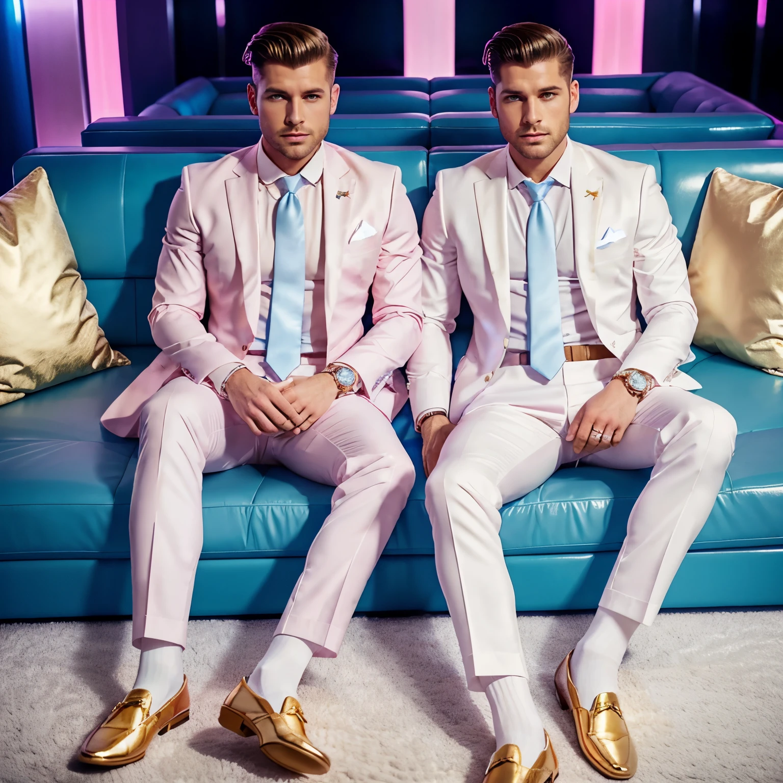 full body 2 two white dapper fashion men in pink suits, light bue loafers, white solid socks,light blue tie, big diamond rings, golden necklaces, diamond watch, preppy clean undercut  haircuts, showing off their blue loafers , drinking champagne , lying on large luxurious couch,  in a chic nightclub