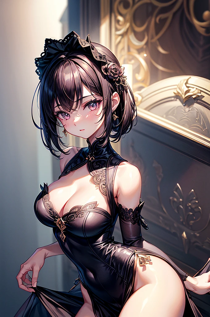 ((highest quality)),(ultra high resolution),(Super detailed),(detailed description),((best CG)),(best work of art),super precision art, great drawing art,(Art with precise details:1.5), (ung girl:1.5), beautiful and well-shaped face:1.5,(Beautiful skin with precise and detailed depiction:1.6),(elegant sleeveless blouse and miniskirt split at the hips),gorgeous, masterpiece, best quality, high-resolution, finely detailed, extremely detailed and beautiful, distinct-image, 1 girl, 16 year old teen, solo, sharp facial features, oval shaped face. cherry pink lips, lightly tanned white skin. velvet-colored eyes, C-cup breasts, tall height(175cm), slim yet chiseled body type, short shoulder length dark violet-black hair, small narrow waist, long and slender legs, curvy wide hips, elegant gothic courtyard setting