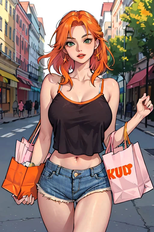 ((orange hair)), green eyes, long half-up hair, bust, ((full lips)), ((masterpiece)), ((detailed)), ((pink camisole)), ((open jean shorts)), ((best quality)), ((outside shopping)), big breasts, ((bright)), (pretty eyes), looking at viewer