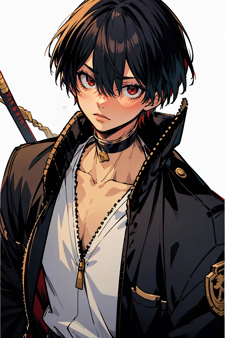 rekkyou sensen,rekkyo sensen, hasuichi nishizono, short hair, black hair, red eyes, boy, male, anime,1boy, bangs, hair between eyes, jacket, looking at viewer, male focus, solo, zipper, black clothes, black gloves, upper body, silver choker, shanghai, china, temple