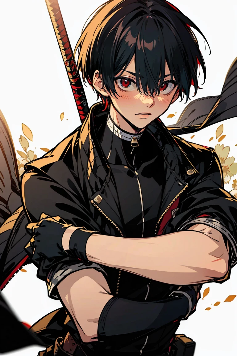 rekkyou sensen,rekkyo sensen, hasuichi nishizono, short hair, black hair, red eyes, boy, male, anime,1boy, bangs, hair between eyes, jacket, looking at viewer, male focus, solo, zipper, black clothes, black gloves, upper body, silver choker, shanghai, china, temple