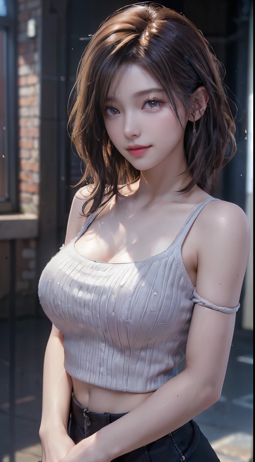 (logo, masterpiece, 8K, Tabletop, RAW Photos, wonderful, 最high quality, Photorealistic and very detailed CG composite 8k wallpaper, high quality, Very detailed, Narrative poem, Particle Effects, Dynamic Effects, Depth of the Boundary, Cinematic Light, Lens flare, Ray Tracing), short hair beautiful young woman, Hair tied back, high detail skin, very fine, fine skin texture, beautiful face, realistic eyes, beautifully detailed eyes, realistic skin, beautiful skin, surreal, smiling eyes, Hair and light eyes, Vibrant, Colorful lights and bokeh. The lighting casts a warm glow on her face and hair, Blue glow, Water surface reflection, Creates a dreamy and magical atmosphere, Big Breasts, Brown Hair, short hair, plump lower lip, pink blush on the cheeks , pink lips, brown tight no-shoulder knit sweater