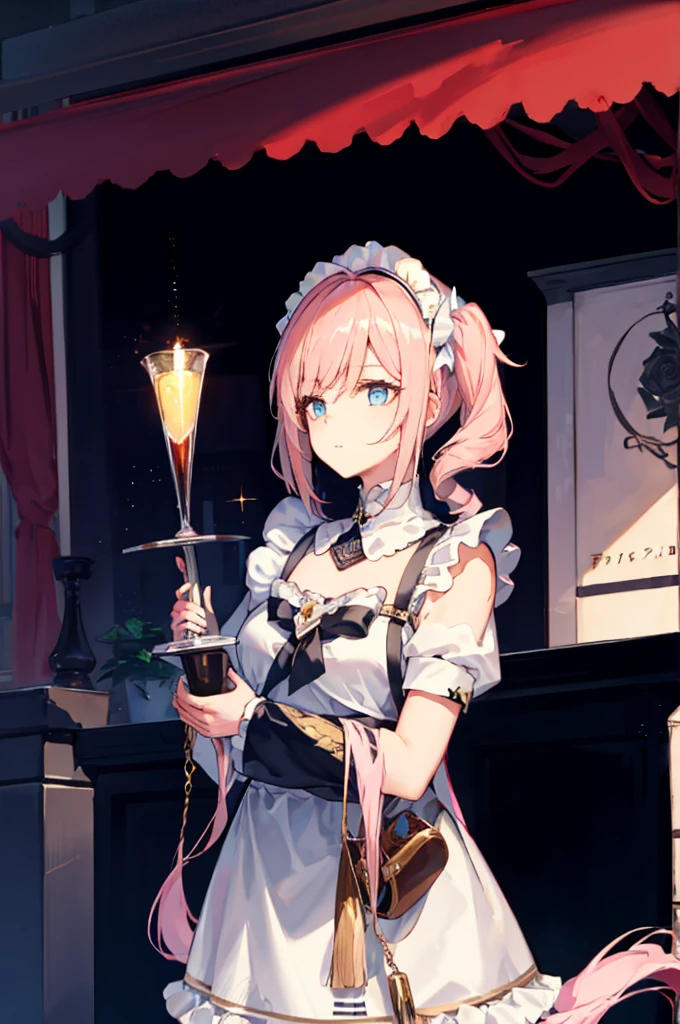 1 girl，rose，Upper body，pink long hair,high twin tail,((White Maid Costume)),blue eyes,Blunt bang,((whole body)),whole body,
