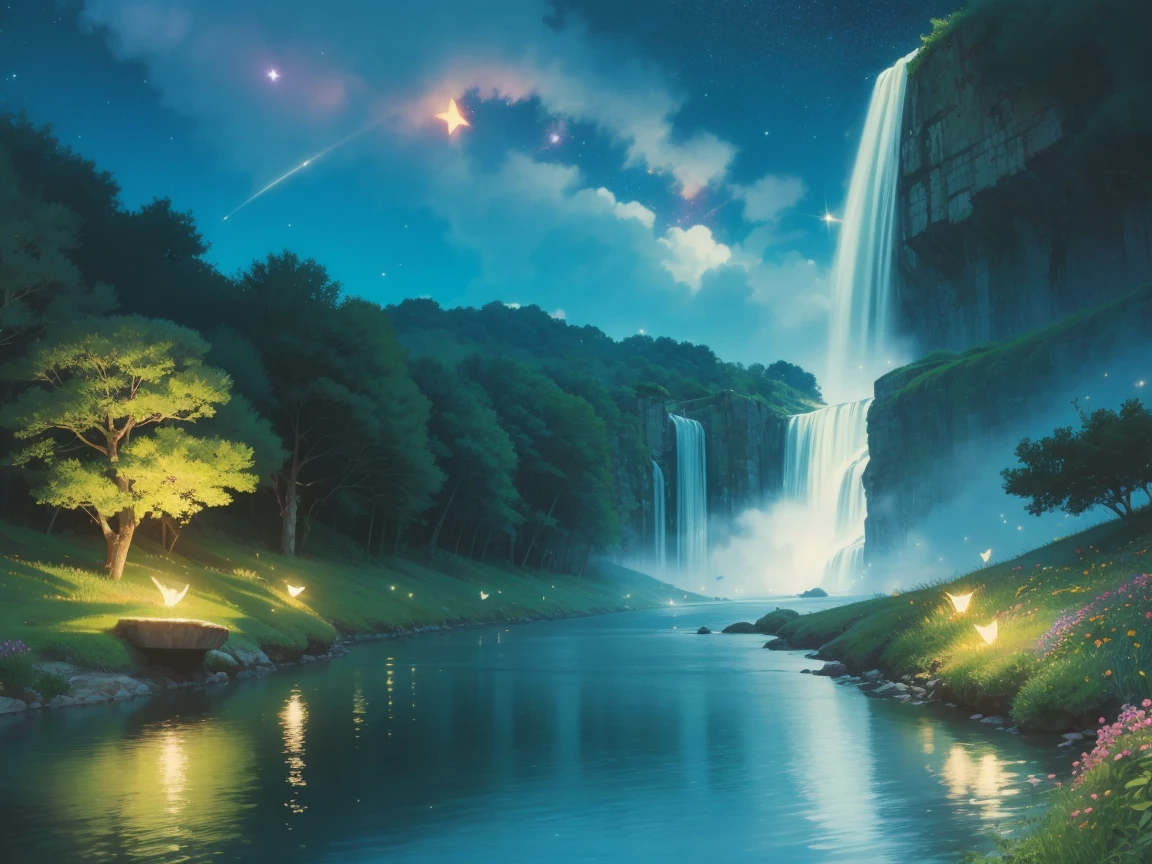 StudioGhibliStyleHMC, river, lights in river, pactolus river, cosmic ocean, otherworldly place, landscape, floating lights, fireflies, waterfall, stars