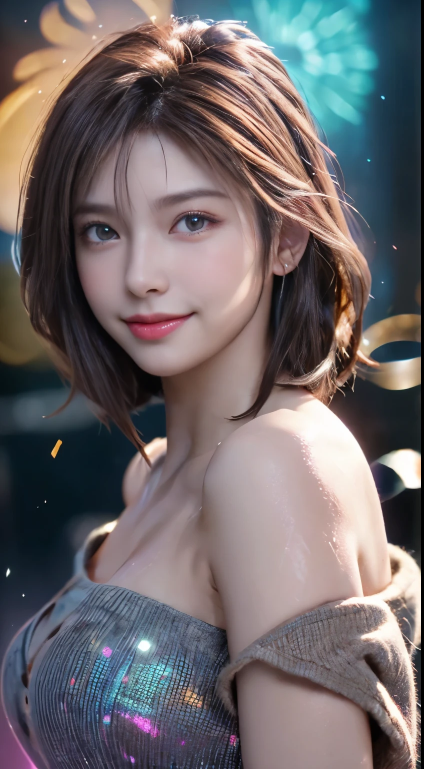 (logo, masterpiece, 8K, Tabletop, RAW Photos, wonderful, 最high quality, Photorealistic and very detailed CG composite 8k wallpaper, high quality, Very detailed, Narrative poem, Particle Effects, Dynamic Effects, Depth of the Boundary, Cinematic Light, Lens flare, Ray Tracing), short hair beautiful young woman, Hair tied back, high detail skin, very fine, fine skin texture, beautiful face, realistic eyes, beautifully detailed eyes, realistic skin, beautiful skin, surreal, smiling eyes, Hair and light eyes, Vibrant, Colorful lights and bokeh. The lighting casts a warm glow on her face and hair, Blue glow, Water surface reflection, Creates a dreamy and magical atmosphere, Big Breasts, Brown Hair, short hair, plump lower lip, pink blush on the cheeks , pink lips, brown tight no-shoulder knit sweater