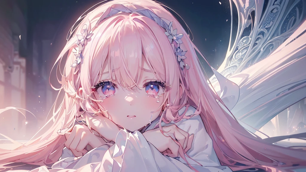 (darkness), ((Beautiful eyes)), (((tears))), (((Highest quality、masterpiece、Ultra-fine、Ultra-fine、Exquisite、16K、Full HD,))) 、Long eyelashes、White skin、(thin and long)、 ((cute)) ((One person)),Zoom out,(A magnificent composition、epic proportion)、(Pale pink lips、Pale pink cheeks、thin and long)、Dynamic lighting,Hold your knees