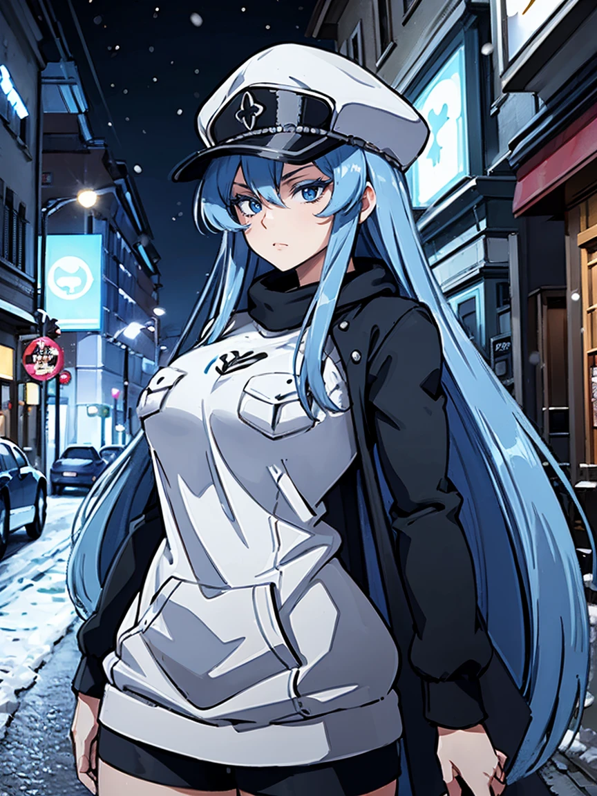 (artwork, best quality) a girl with long blue hair, blue eyes, blue eyelashes, tattoo, big breasts, white sweatshirt with hat, upset, on a street in Russia, snowing, at night