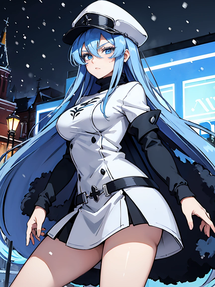 (artwork, best quality) a girl with long blue hair, blue eyes, blue eyelashes, tattoo, big breasts, white sweatshirt with hat, upset, on a street in Russia, snowing, at night