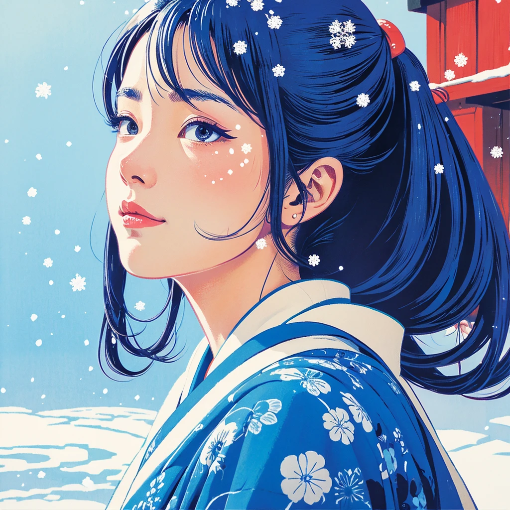 Illustration style、ukiyoe paiting、Showa Anime、woman、snow、sensitive, villan facial expression, blue kimono