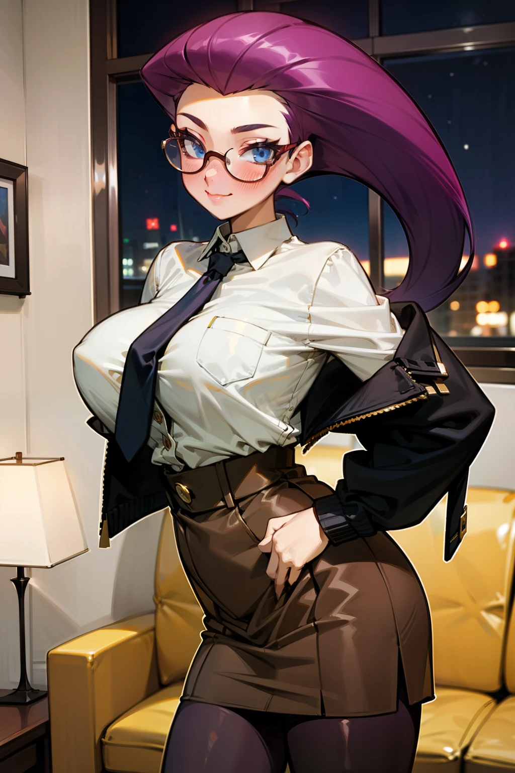 (Masterpiece), Best Quality, ultra-detailed, 1girl (jessie pokemon, Big and pretty breasts, , purple hair, hair slicked back, long hair,blue eyes, spectacles), a lovely face ,facing viewer, looking at viewer,lovely smile, nose blush, blush, solo, business suits, black jacket, white shirts(buttons), necktie, black pleats skirt, ultra mini skirt, brown pantyhose, in the livingroom, night time, standing, Sexy waist teasing
