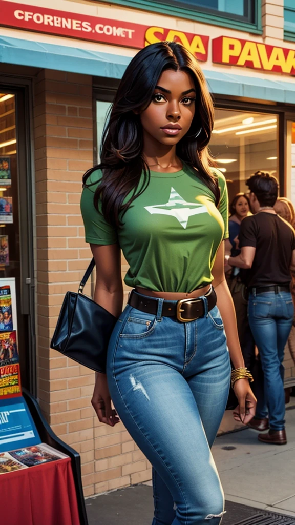 Woman, with dark skin and straight hair, approximately 21 years old, she was wearing a green and denim blouse and in the middle a brown belt that showed off her thin waist, comic style. Marvel comics