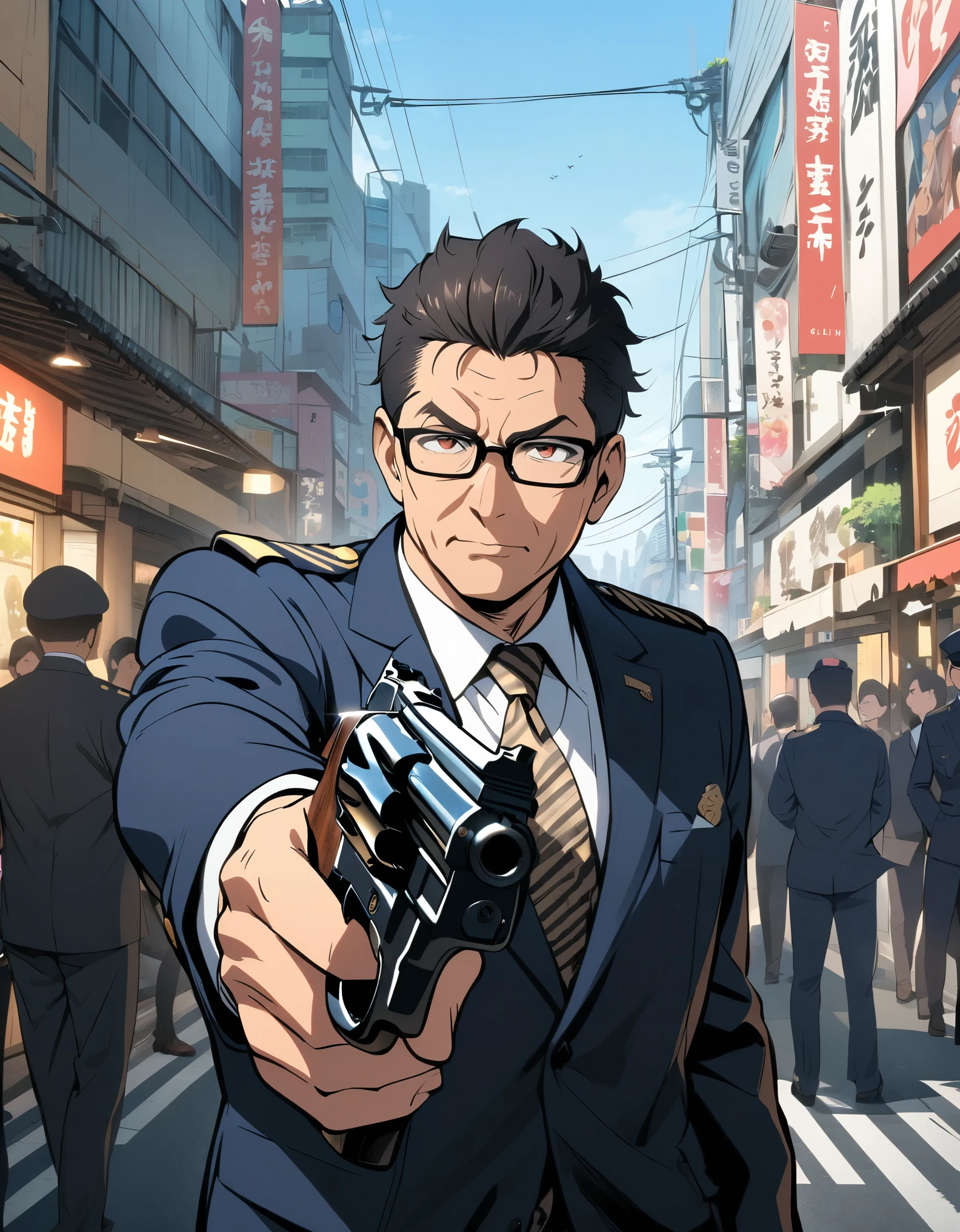 (masterpiece), (best quality), ((high res)), 1man, middle aged man, age 52, anime style, japanese policeman, suit and tie, police captain, police commissioner, black hair, short hair, fade haircut, hazel eyes, glasses, black-framed eyewear, (lora:perfect hands:1), (holding a gun, holding a pistol, 357 magnum revolver), tokyo city street backdrop, solo, solo focus