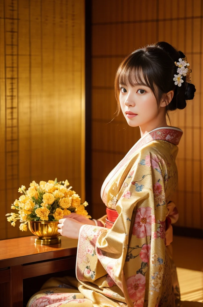 大きい胸、 kimono、Cinematic atmosphere、Professional composition、Natural Body、fantasy,sitting in front of a golden screen、flower arrangement、tatami、looking at the camera