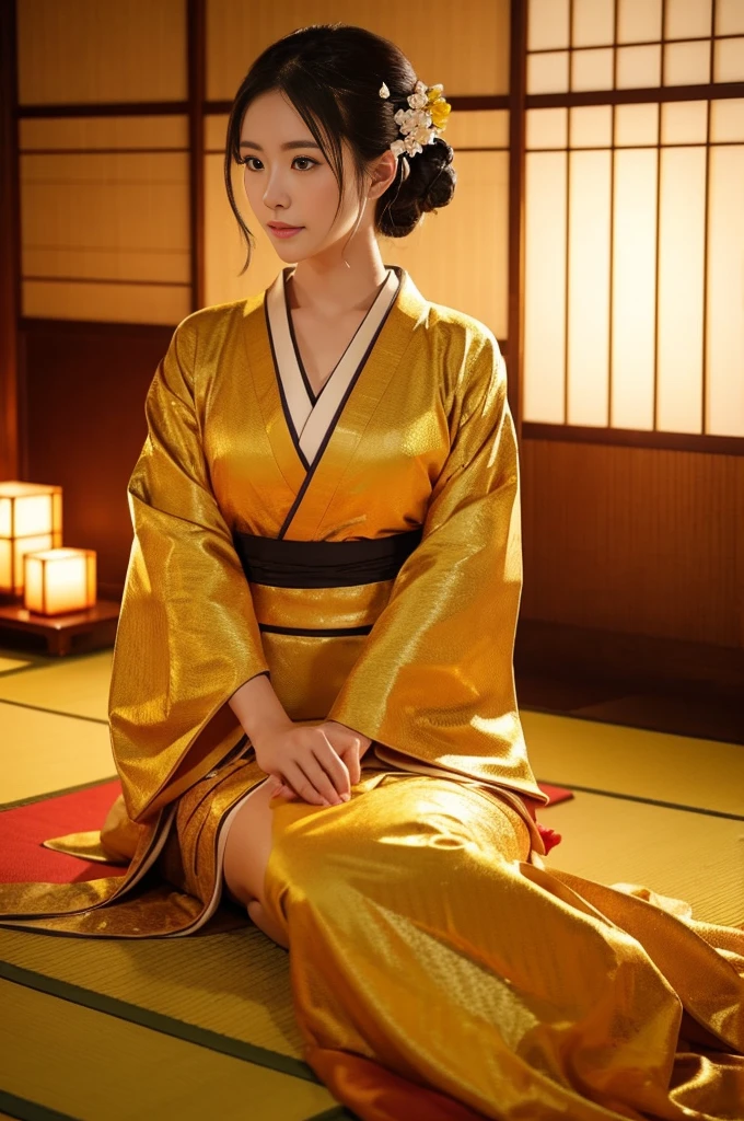 大きい胸、 kimono、Cinematic atmosphere、Professional composition、Natural Body、fantasy,sitting in front of a golden screen、flower arrangement、tatami、looking at the camera