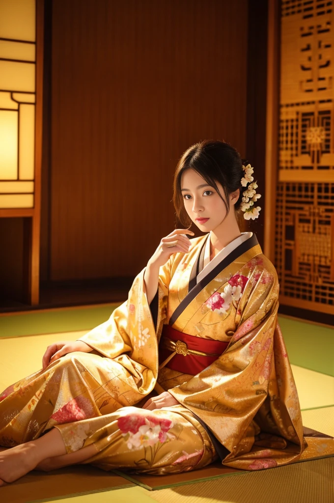 大きい胸、 kimono、Cinematic atmosphere、Professional composition、Natural Body、fantasy,sitting in front of a golden screen、flower arrangement、tatami、looking at the camera