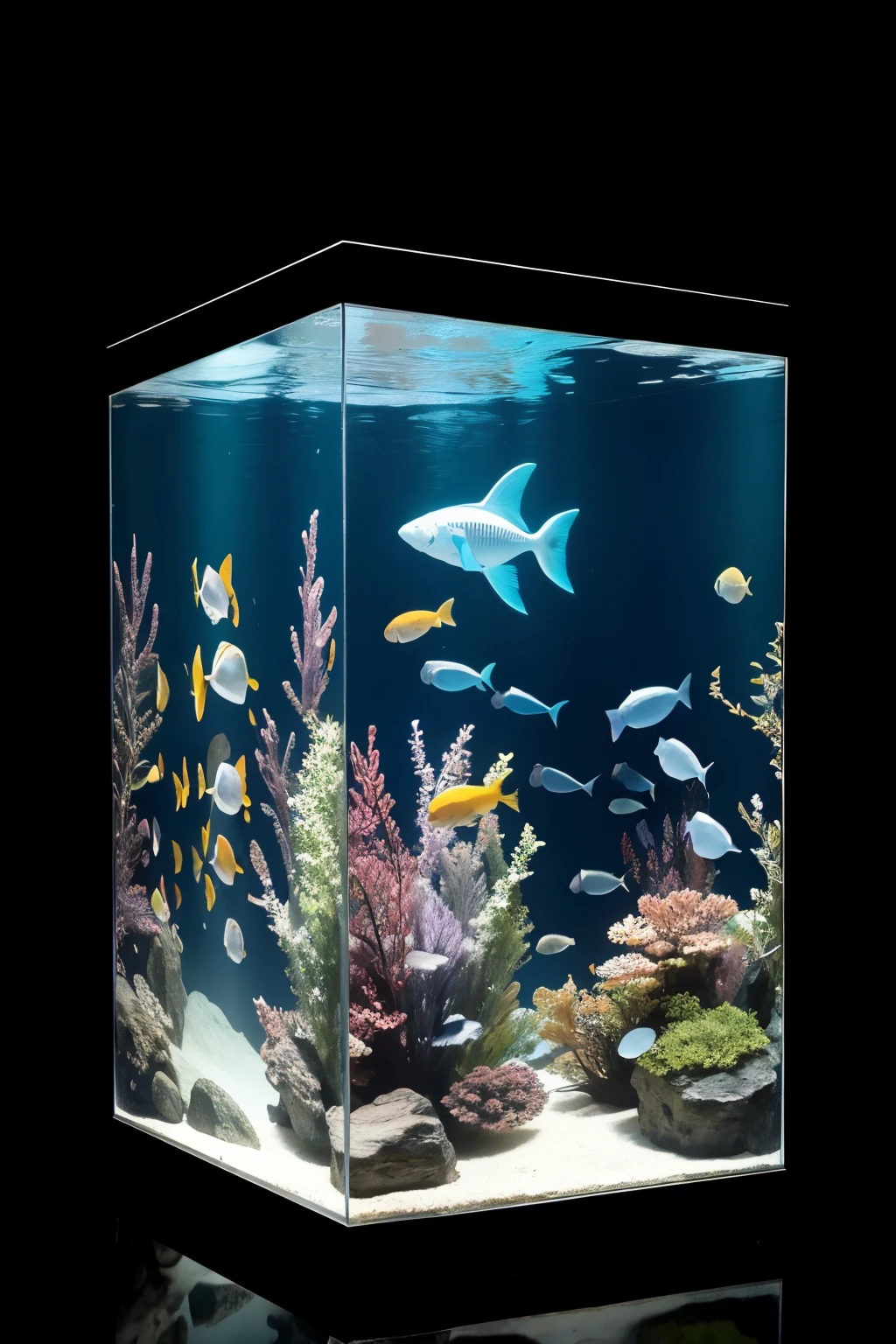 creates the image of an immersive exhibition of work recreating an aquarium with marine animals made from digital waste
