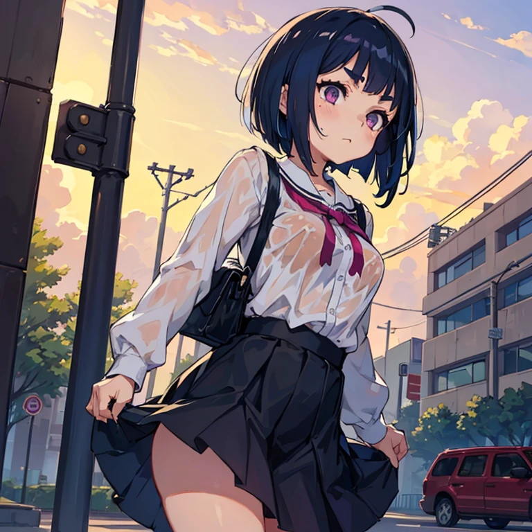 Young girl with blue hair,short straight hair and short bangs (purple eyes),, ((small bushy eyebrows)), wearing gothic ta clothing, loli, medium large breast, breasts out of blouse, walking to school, bored look, bored face, , lifting her skirt to show her vagina wet with semen, having sex