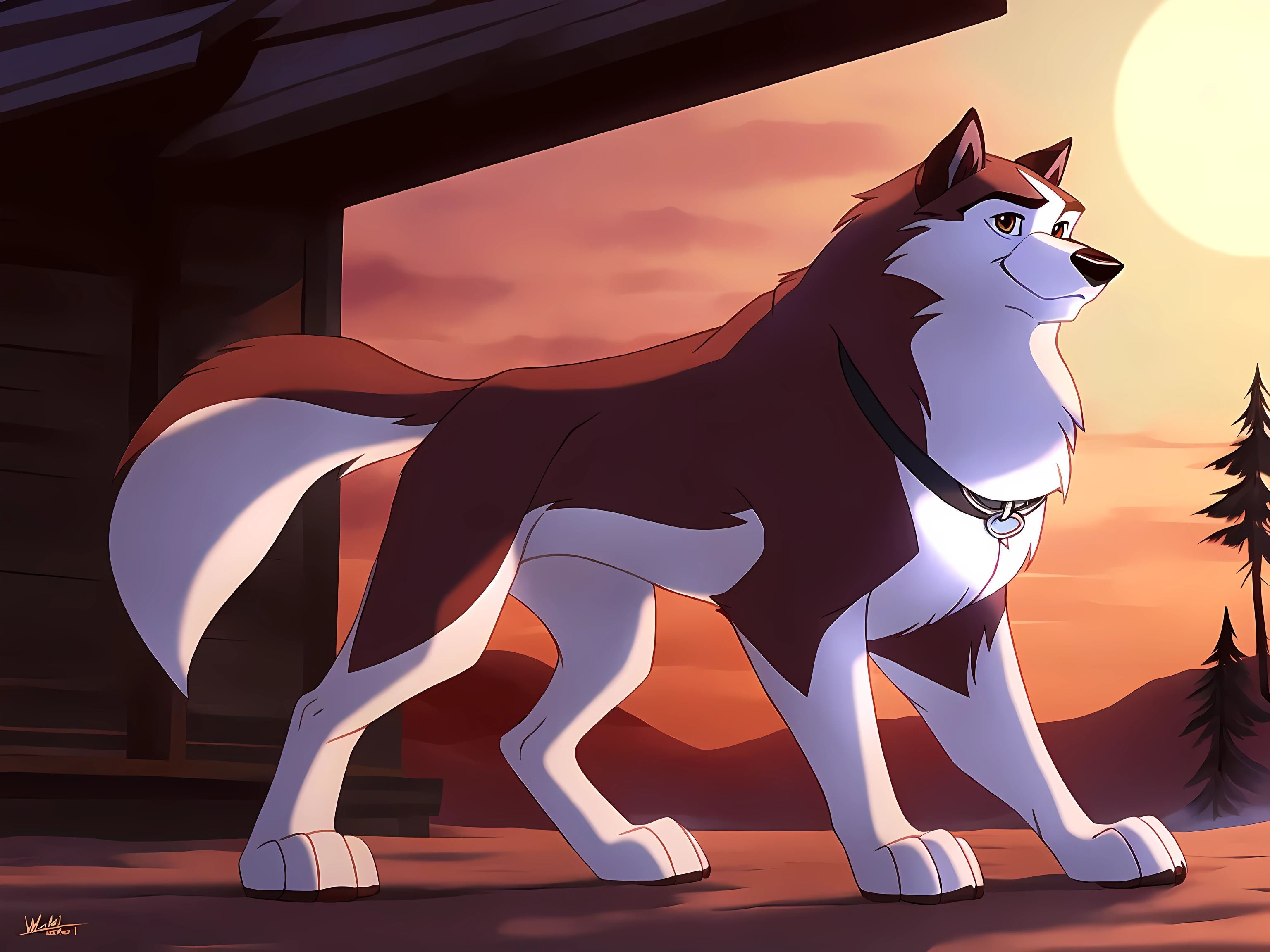 kodi, kodiak (balto), solo, red fur, full body:1.1, feral, detailed, quadruped, wfa anatomy, black lineart, black outline, male, masculine, muscular, pectorals, adult, wolf, wolf body, wolf tail, brown eyes, cartoon shading, cel shaded:1.0, black dog collar:1.2, strong body, confident, proud, paws,