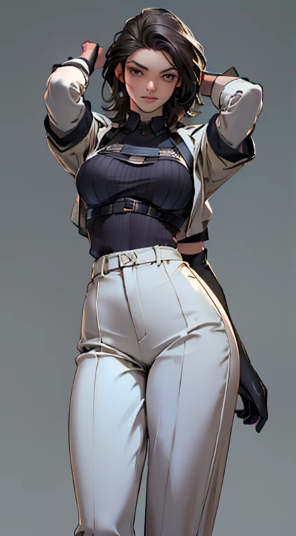 (((Best quality at best: 1.4))),(Unparalleled tmasterpiece), (hyper HD),(Hyper-realistic 8k CG)、（dark hair） ((( body))), (((1 girl in))), 25-year-old American soldier with perfect body,,Beautiful and well-groomed face,muscular body:1.2,detailed solid color jacket, (Pictures from head to thighs)， Complex equipment, Dark Green，long trousers，Close-fitting clothes are dark，With white stars and off-white stripes,,,,,Metal electronic parts for armor, Poison tattoos )(tmasterpiece, Best quality at best at best,:1.2), 1 sister, (alone:1.3), The upper part of the body, white  shirt, short- sleeved, , (dead, current, reallife, abnormal giant breasts, Best-aesthetic, new, newest, Best quality at best at best, tmasterpiece:1.2), soft_lamplight, soft_skin_ton, FEMALES_the hair, (白ackground with,  Background with,:1.2),