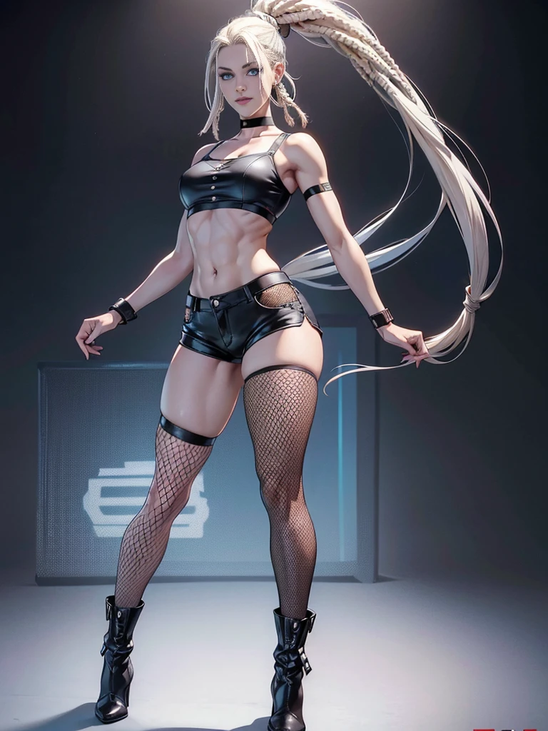 ((best quality)), ((4k)), ((highres)), ((masterpiece:1.2)). ((detailed)), ((ultra realistic)), ((intricate details)), ((full body picture)), ((character design sheet)), a full body picture of a beautifull norwegian female, scandinavian woman, scandinavian, pale skin, ((emphasis on her pale skin)), ((blank background)), a warm smile on her face, ((a warm smile)), perfect face, gorgeous face, ((vivid blue eyes)) detailed eyes, detailed lips, ((no makeup)), ((nose ring)), about 25 years old,  about 5'7 tall, white woman with short platinum blonde dreadlocks up to her shoulders, ((emphasis on white woman with short platinum blonde dreadlocks up to her shoulders)), ((platinum blonde rasta hairstyle)), ((not too bushy dreadlocks)), ((not skinny looking)), ((powerlifter body)), ((tattoos on both her arms)), ((black finger nails)), dressed in a ((black short-sleeve crop top)), midriff ((FLAT ABS)), she's wearing ((fishnet tights under her high waisted black booty shorts)), ((black leather booties with no heels)), ((black choker)), fighting game character concept art, tekken character design, the king of fighters character concept, full bofy, full body concept art, full body art
