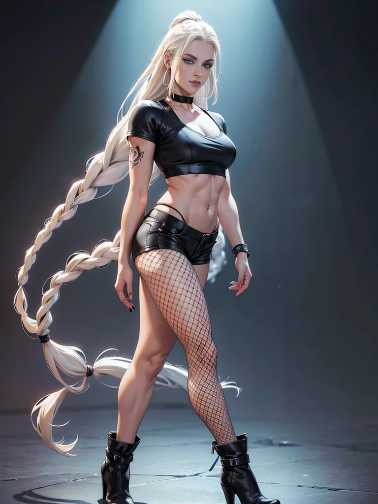 ((best quality)), ((4k)), ((highres)), ((masterpiece:1.2)). ((detailed)), ((ultra realistic)), ((intricate details)), ((full body picture)), ((character design sheet)), a full body picture of a beautifull norwegian female, scandinavian woman, scandinavian, pale skin, ((emphasis on her pale skin)), ((blank background)), a warm smile on her face, ((a warm smile)), perfect face, gorgeous face, ((vivid blue eyes)) detailed eyes, detailed lips, ((no makeup)), ((nose ring)), about 25 years old, about 5'7 tall, white woman with short platinum blonde dreadlocks up to her shoulders, ((emphasis on white woman with short platinum blonde dreadlocks up to her shoulders)), ((platinum blonde rasta hairstyle)), ((not too bushy dreadlocks)), ((not skinny looking)), ((powerlifter body)), ((tattoos on both her arms)), ((black finger nails)), dressed in a ((black short-sleeve crop top)), midriff ((FLAT ABS)), she's wearing ((fishnet tights under her high waisted black booty shorts)), ((black leather booties with no heels)), ((black choker)), fighting game character concept art, tekken character design, the king of fighters character concept, full bofy, full body concept art, full body art