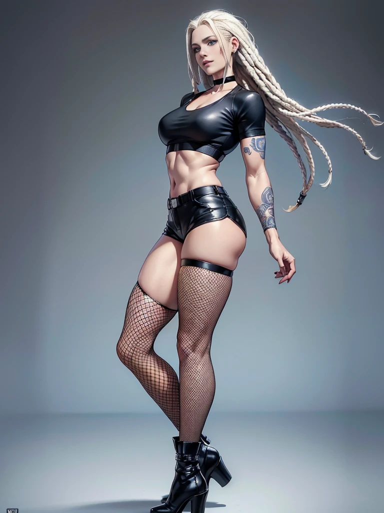 ((best quality)), ((4k)), ((highres)), ((masterpiece:1.2)). ((detailed)), ((ultra realistic)), ((intricate details)), ((full body picture)), ((character design sheet)), a full body picture of a beautifull norwegian female, scandinavian woman, scandinavian, pale skin, ((emphasis on her pale skin)), ((blank background)), a warm smile on her face, ((a warm smile)), perfect face, gorgeous face, ((vivid blue eyes)) detailed eyes, detailed lips, ((no makeup)), ((nose ring)), about 25 years old, about 5'7 tall, white woman with short platinum blonde dreadlocks up to her shoulders, ((emphasis on white woman with short platinum blonde dreadlocks up to her shoulders)), ((platinum blonde rasta hairstyle)), ((not too bushy dreadlocks)), ((not skinny looking)), ((powerlifter body)), ((tattoos on both her arms)), ((black finger nails)), dressed in a ((black short-sleeve crop top)), midriff ((FLAT ABS)), she's wearing ((fishnet tights under her high waisted black booty shorts)), ((black leather booties with no heels)), ((black choker)), fighting game character concept art, tekken character design, the king of fighters character concept, full bofy, full body concept art, full body art
