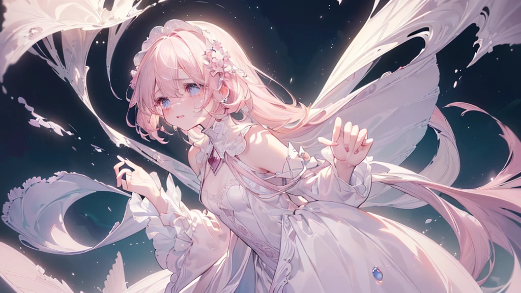 (darkness), ((Beautiful eyes)), (((tears))), (((Highest quality、masterpiece、Ultra-fine、Ultra-fine、Exquisite、16K、Full HD,))) 、Long eyelashes、White skin、(thin and long)、 ((cute)) ((One person)),Zoom out,(A magnificent composition、epic proportion)、(Pale pink lips、Pale pink cheeks、thin and long)、Dynamic lighting,Hold your knees