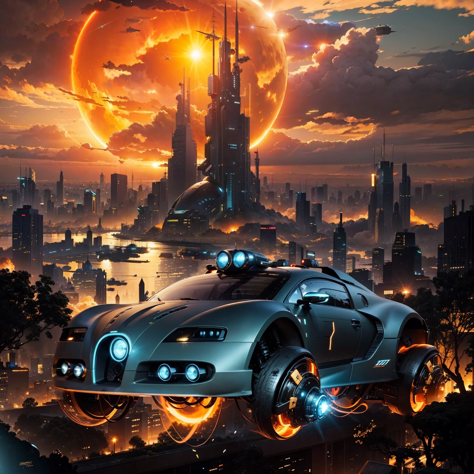 A brilliant Black sci fi Hover Bugarri Sports flying over a sci fi city with a lot of buildings lights on and a giant sun shining in the trucks body